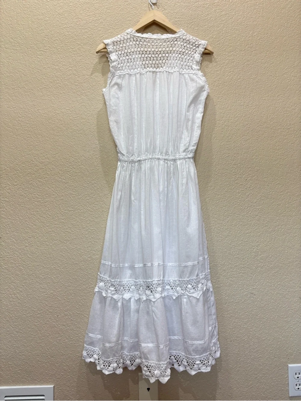 Cottagecore Boho Farmhouse White Cotton Tiered Midi Shirt Dress Croquet Romantic
